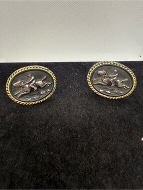 Vintage Hickok USA Rhodium Plated Horse & Rider Oval Cufflinks Equestrian